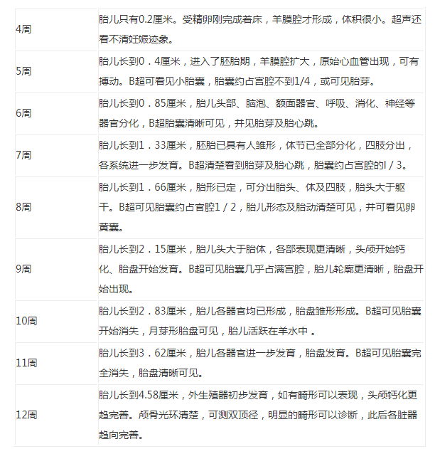 胎儿发育标准对照表图 胎儿发育标准对照表图 胎儿发育B超标准数据表