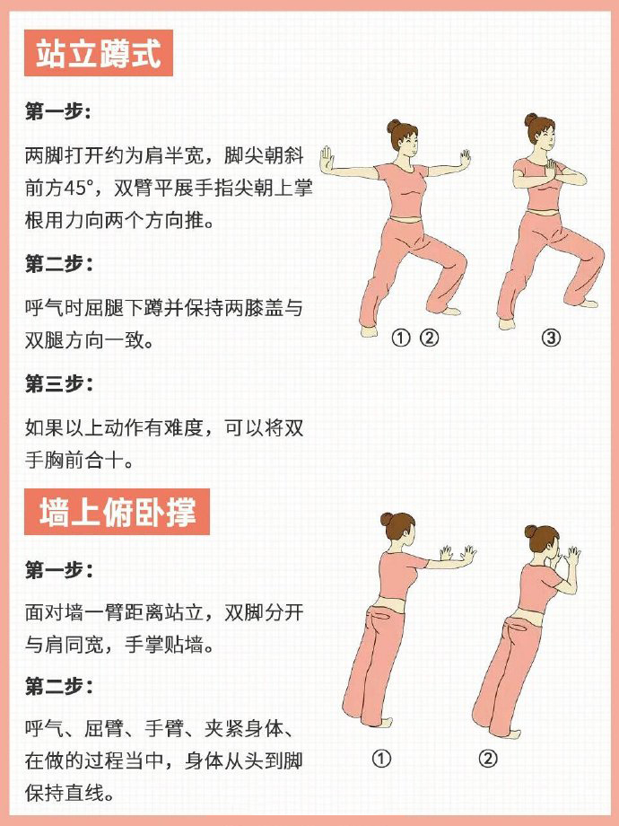 站立蹲式、墙上俯卧撑